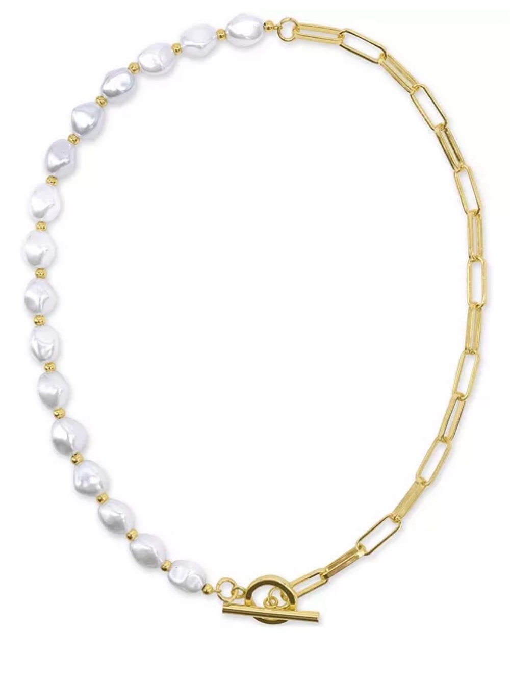 Gold & White Pearl Half-Link Toggle Necklace - Picture 3 of 7